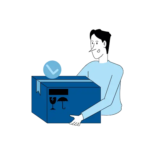 Person holding a blue box with fragile and keep dry symbols, and a checkmark icon above it